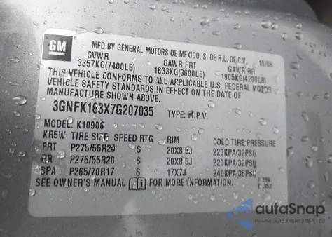 2007 Chevrolet Suburban 1500 Ltz z USA, uszkodzony, nr VIN 3GNFK163X7G207035